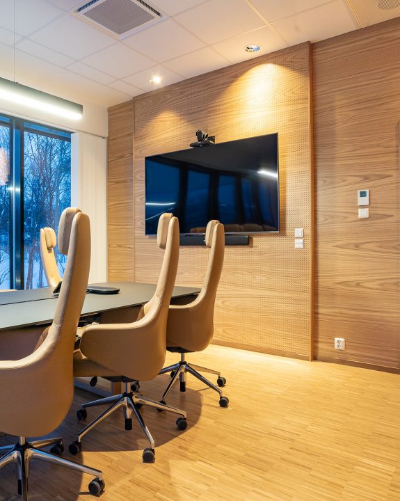 Wooden panels mounted in conference room