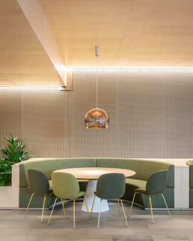 suspended false ceiling with micro-perforated wooden acoustic panel