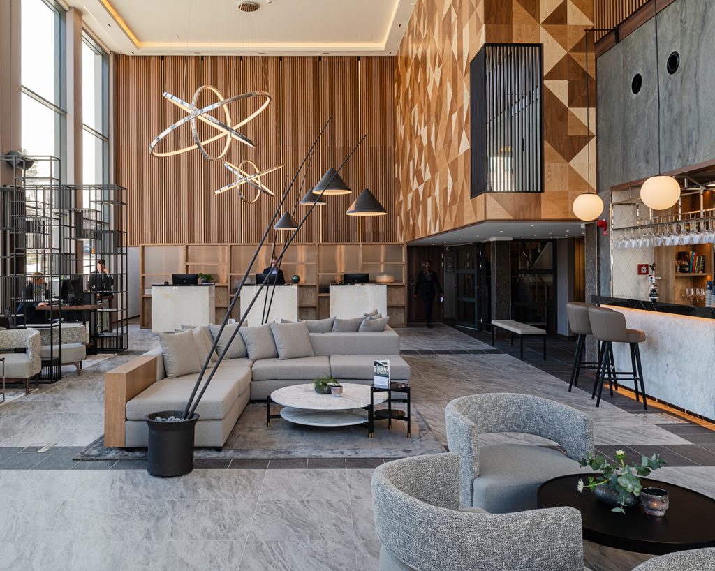Wood slats and panels in creative hotel lobby