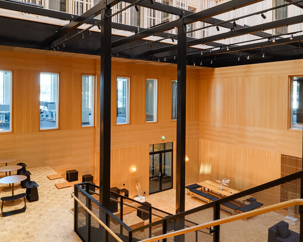 Hotel interior with a wooden wall cladding