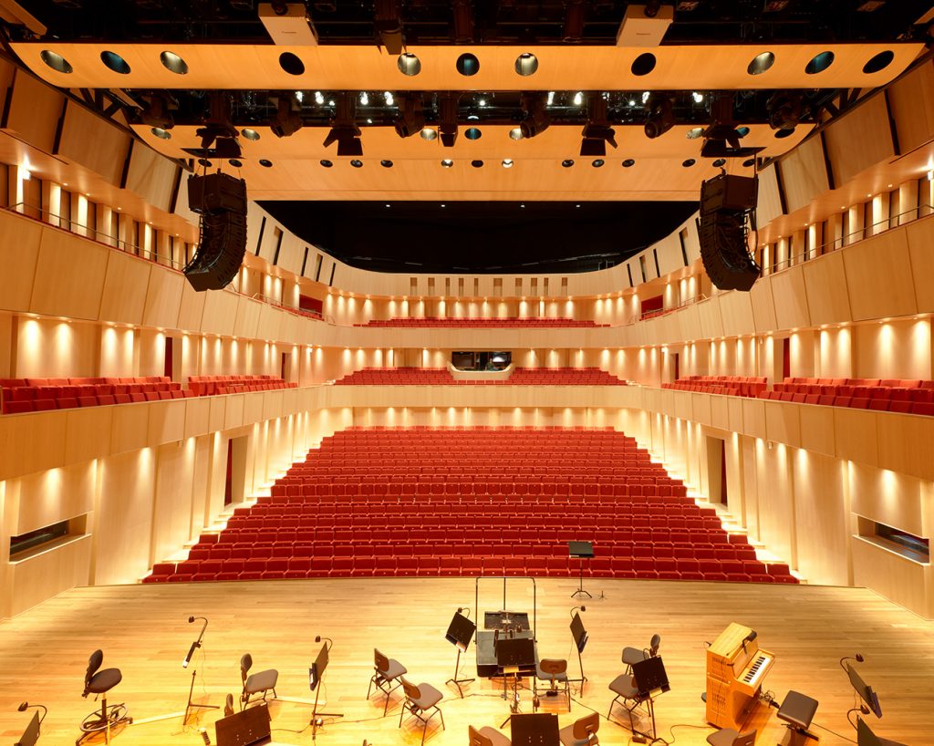 Concert hall stage view with maple veneered acoustic panels