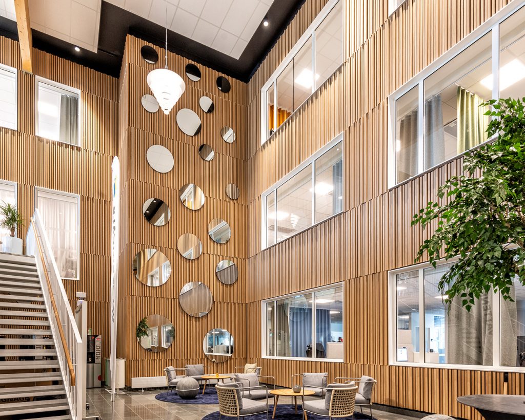 Office atrium with wood wall panelling