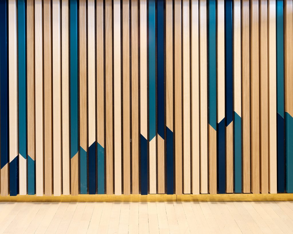Timber slats mittered and coloured parts