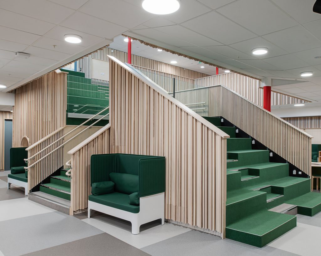 School interior design with wood slats