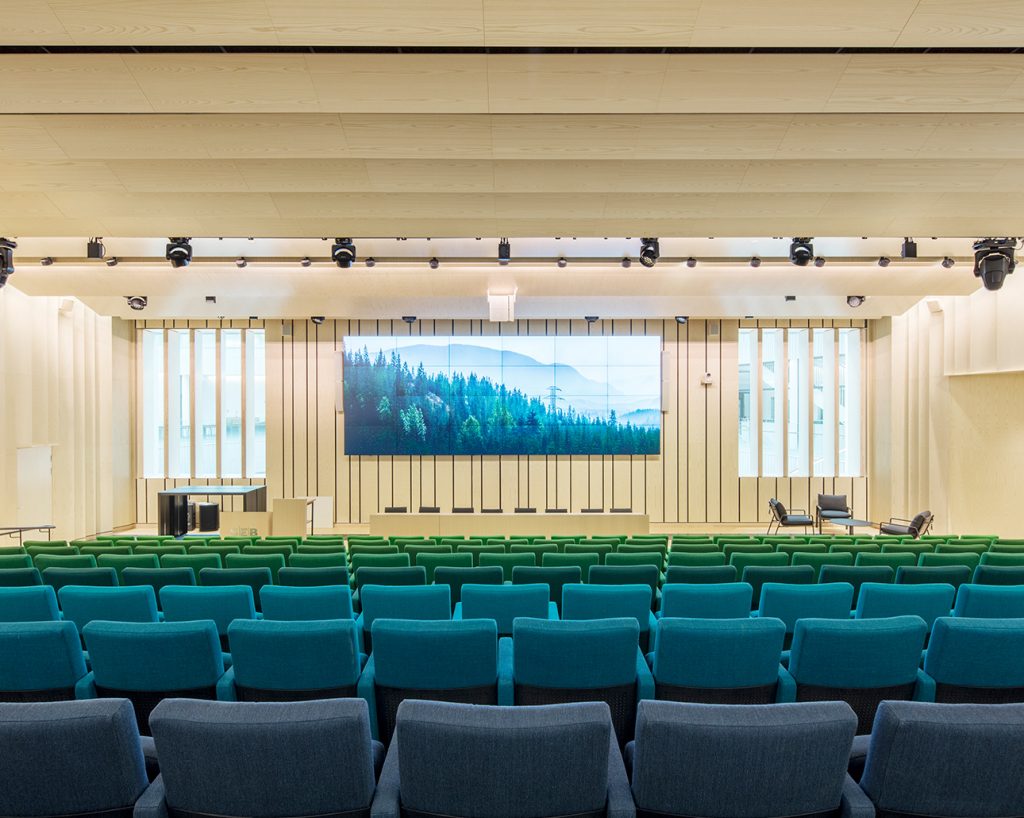 Office auditorium with ash veneered wood panels