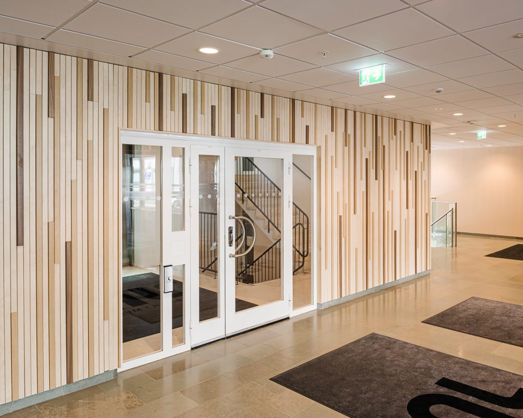 Office interior design with timber acoustic panels
