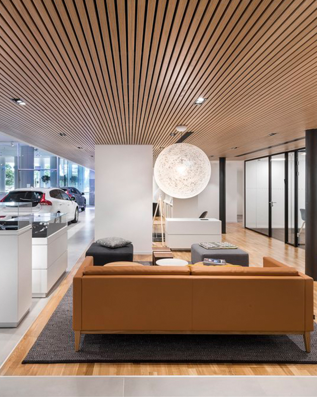 Slatted Oak Ceiling in Volvo Showroom | Gustafs Scandinavia