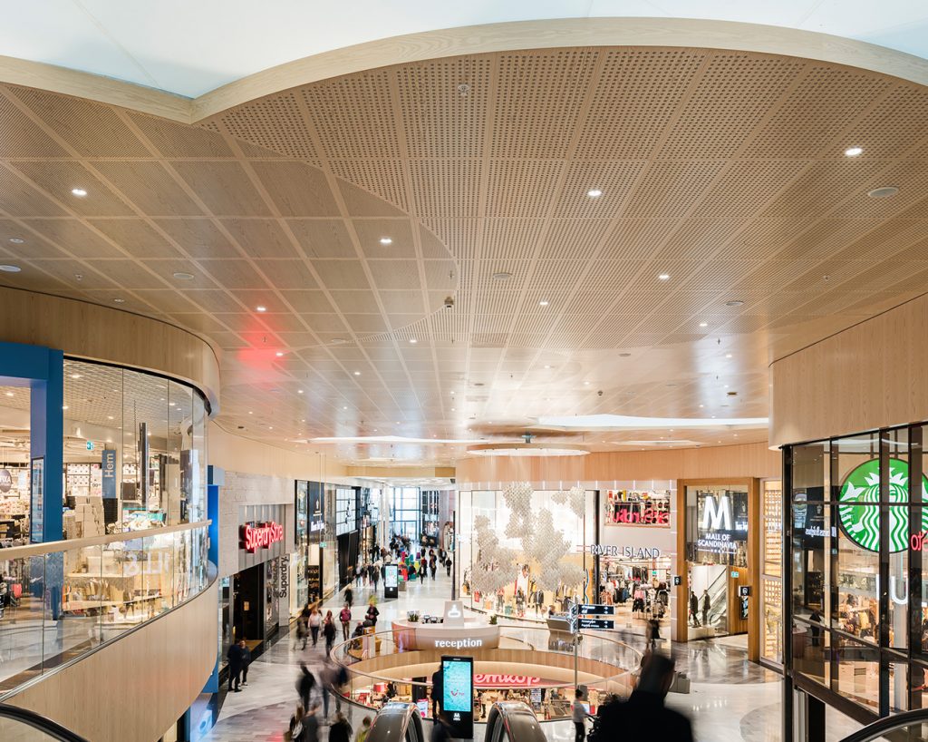 Suspended wood ceiling in mall