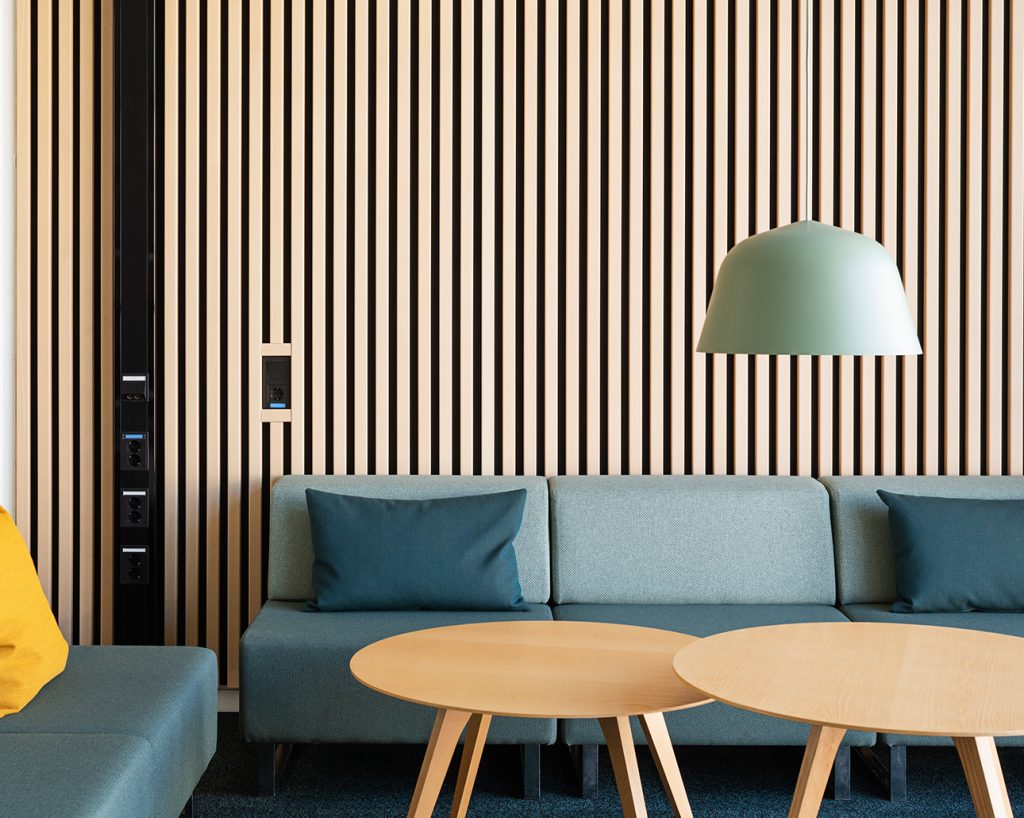 Modern office with wooden acoustic slats