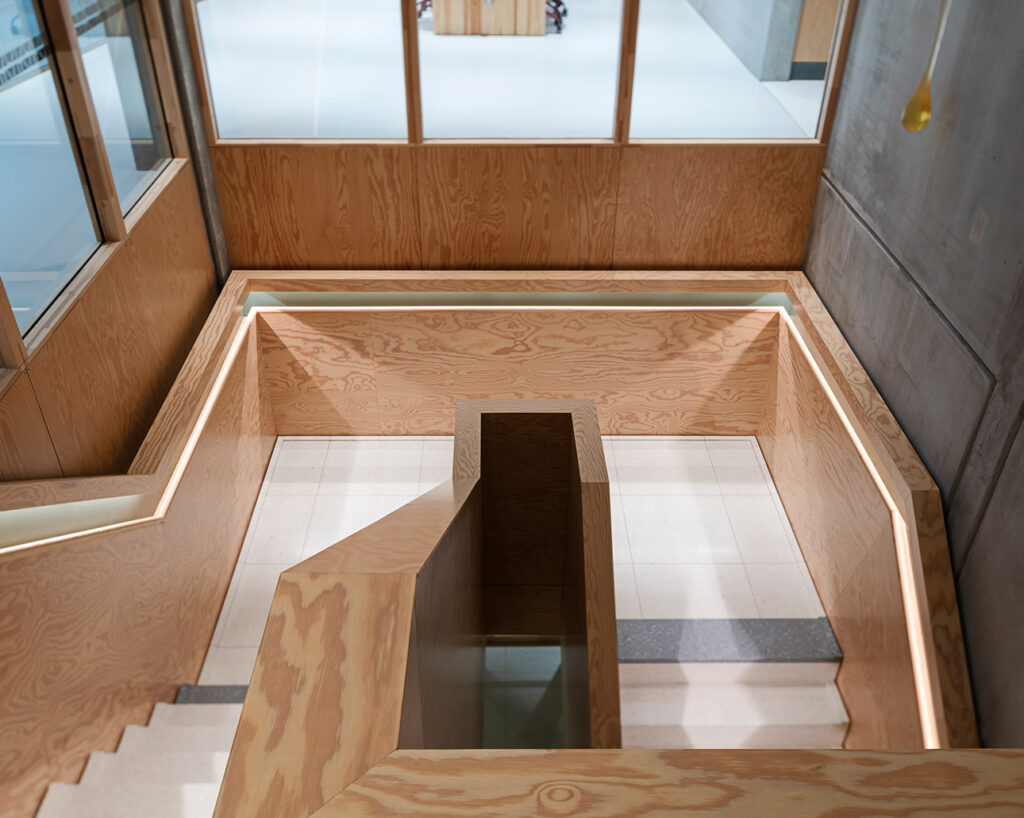Plywood staircase at Campus Albano