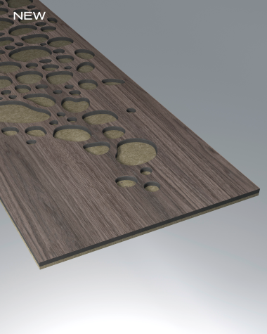 Acoustic walnut wall panel with decorative holes where the acoustic felt is showing.