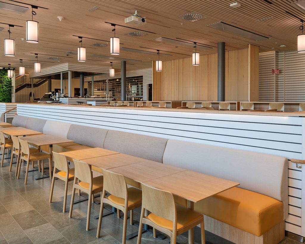 White painted Linear Plank in restaurant
