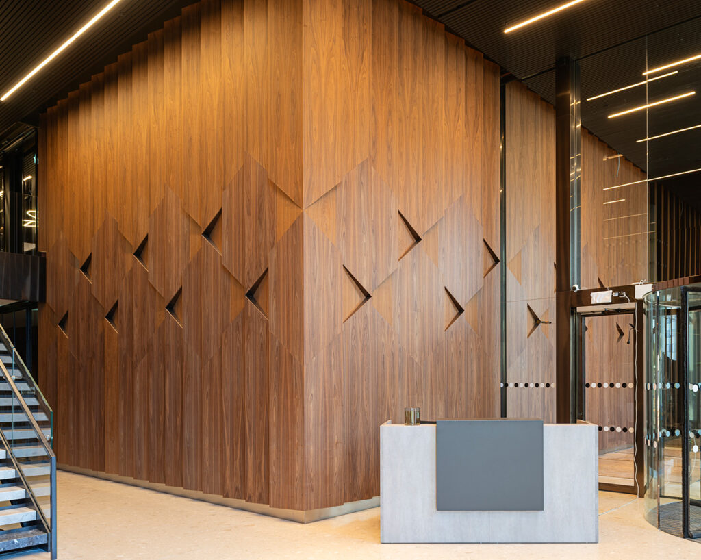 Bespoke walnut panels in Karlatornet entrance