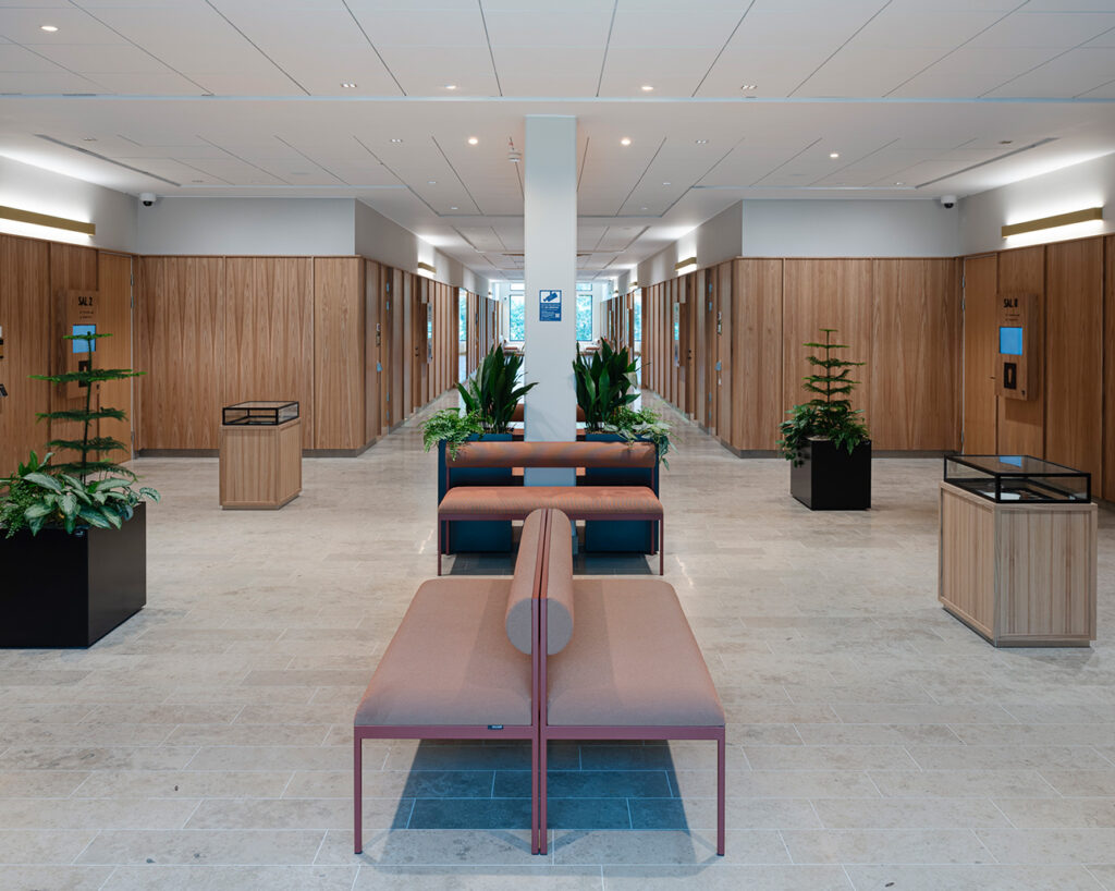 District court foyer with elm panels on walls