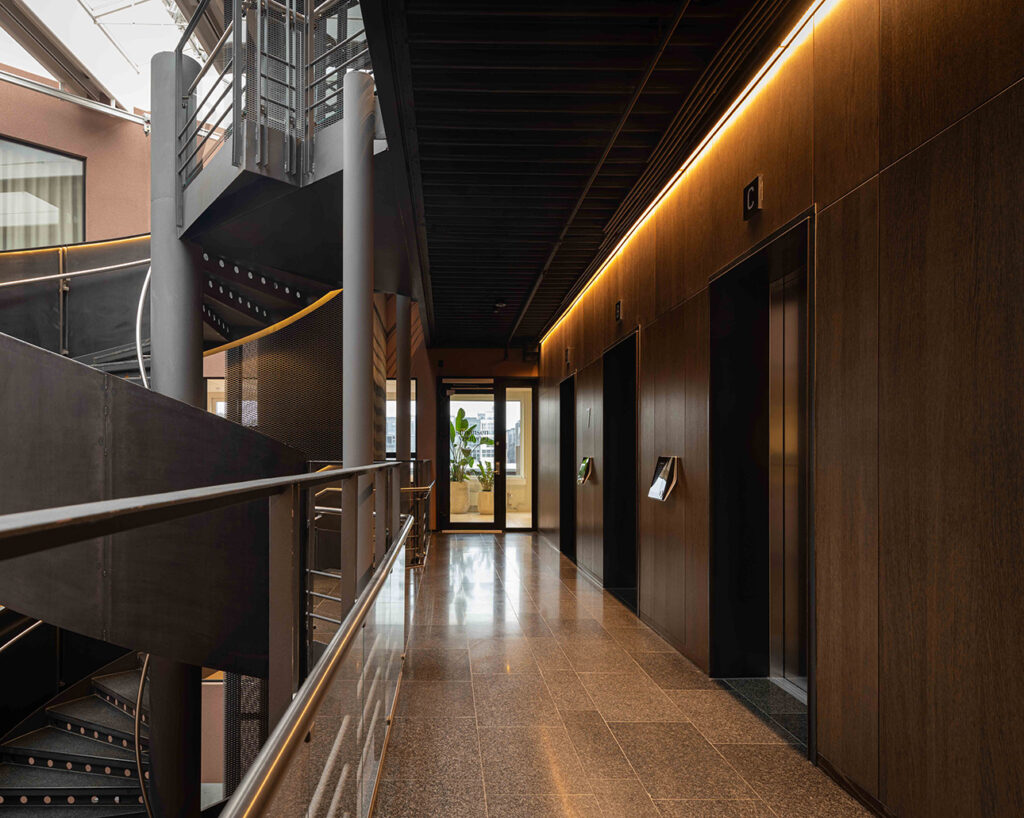 Dark oak panels in corridor