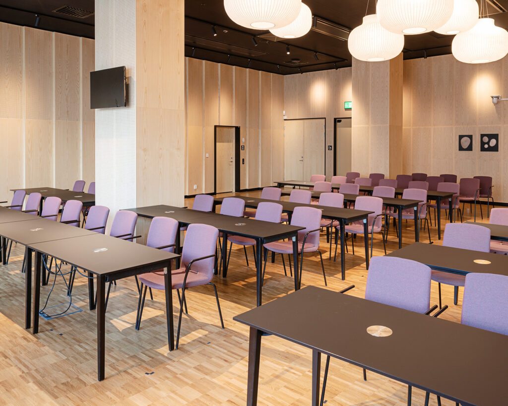 Hearing room with perforated and plain panels