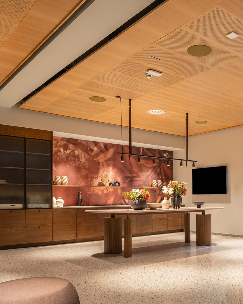 Kitchen with oak panels in ceiling