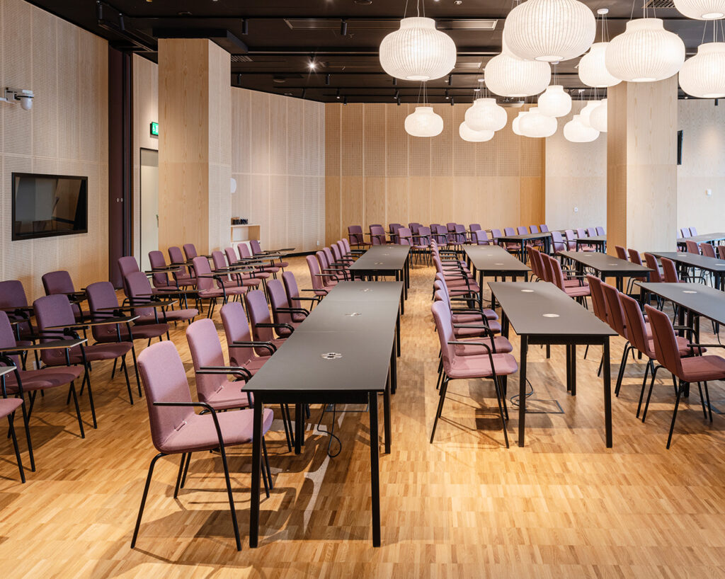 Panels in ash veneer in auditorium