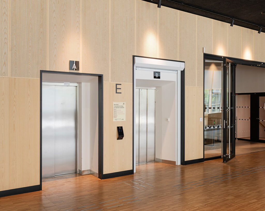 Perforated and plain panels in ash by elevators