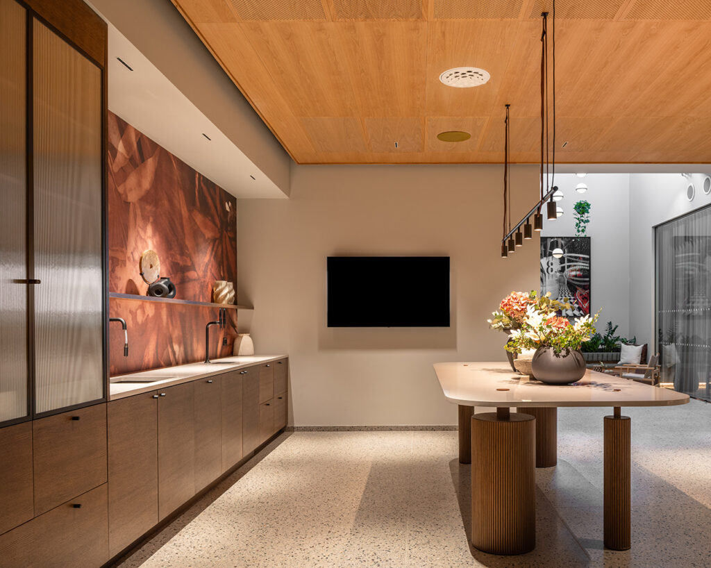 Tv and table and wooden panels