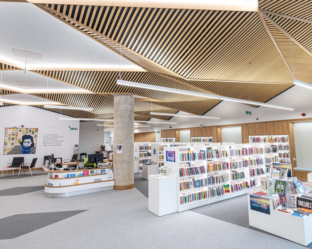 Bookshelves and oak rib ceiling