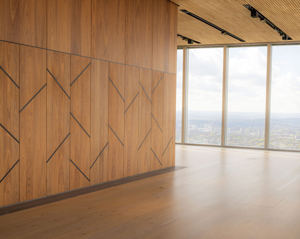 The Lookout view with walnut panels on wall