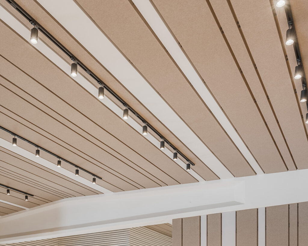 Ceiling baffles in Wet Sand and White